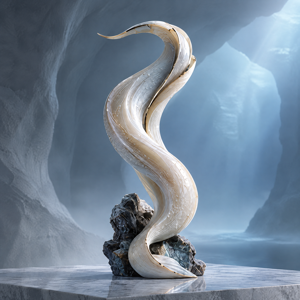 SOLVERNM® The Abyssal Realm ocean spiral sculpture — multi-angle display showing full S-curve form against dark cave backdrop