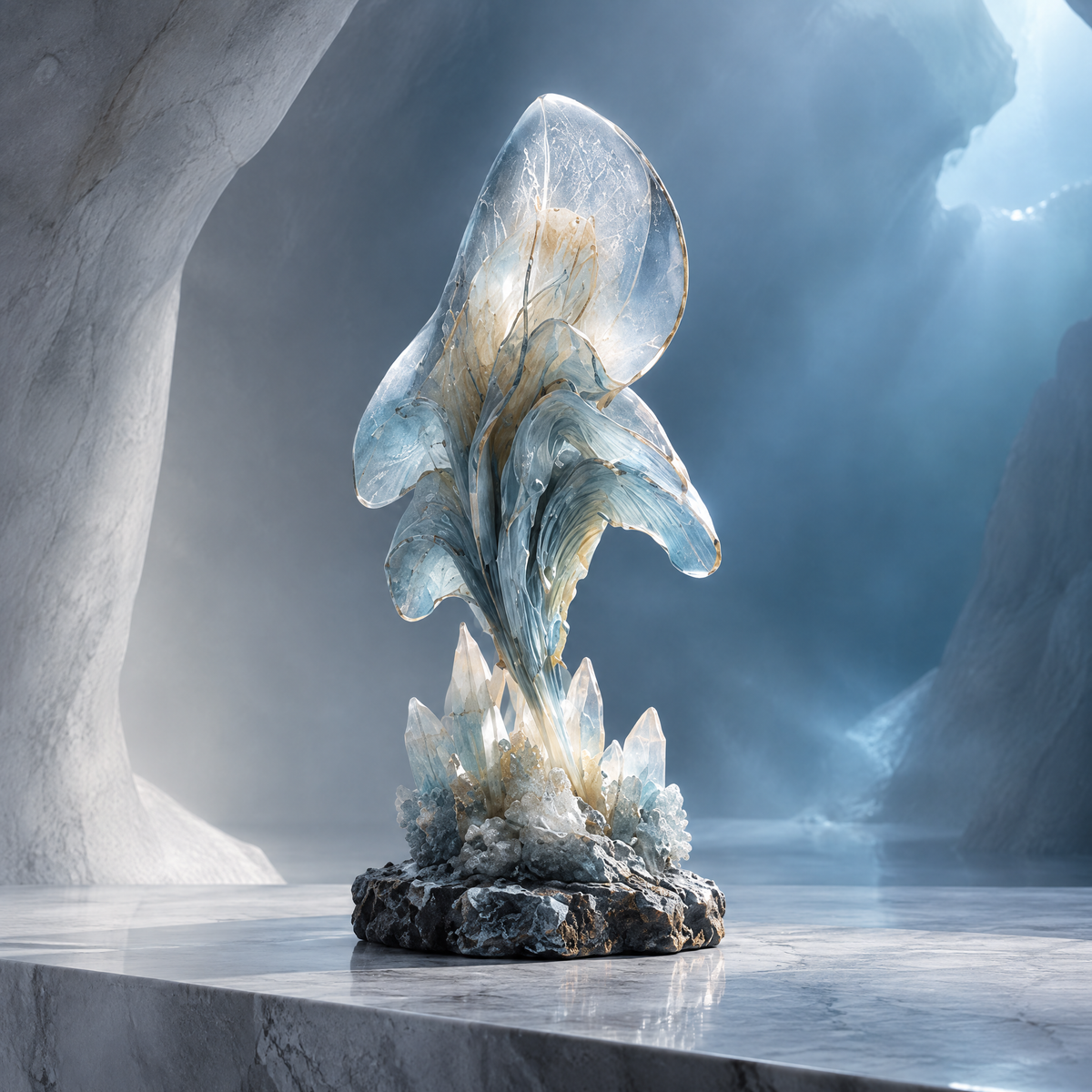 SOLVERNM® Depths Beyond Reality crystal wave sculpture — full view on marble pedestal in white cave, layered translucent crystal glass fins with natural stone base