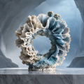 SOLVERNM® Abyssal Realm coral ring sculpture — full view on marble pedestal in glacial cave, layered pearl-white and deep teal coral filigree ring form