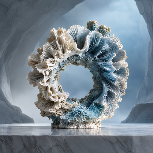 SOLVERNM® Abyssal Realm coral ring sculpture — full view on marble pedestal in glacial cave, layered pearl-white and deep teal coral filigree ring form