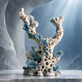 SOLVERNM® The Abyssal Realm antler coral lattice sculpture — full view on white marble pedestal in glacial cave, soaring porous bone-white branches entwined with teal fan coral clusters