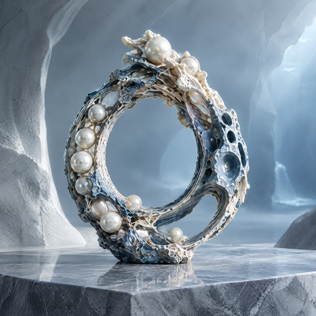 SOLVERNM® The Abyssal Realm pearl coral ring sculpture — full view standing on grey marble cube in glacial cave, torus of deep ocean-blue porous coral lattice crowned with cascading AAA grade natural pearls in graduating sizes