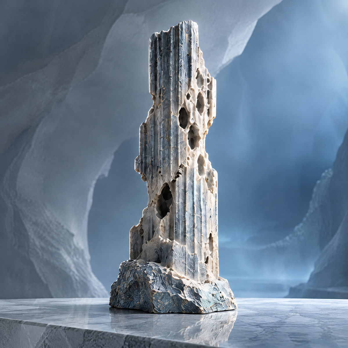 SOLVERNM® The Abyssal Realm void column reef stone sculpture — brand hero image in deep ocean cave with blue light rays, soaring bone-white reef stone column with colony of open circular voids on black reflective surface, Art Objects for a Deeper Life