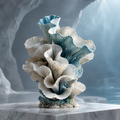 SOLVERNM® The Deep Sea Realm fan coral sculpture — full view on marble pedestal in glacial cave, layered ruffled fins in bone-white and deep ocean teal with coral-encrusted base