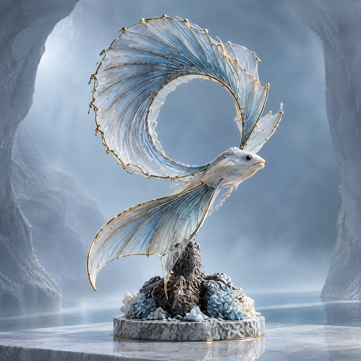 SOLVERNM® Deep Sea Realm sculpture — Beyond Reality 360° view: front graceful & ethereal, side fluid & dynamic, back intricate & majestic