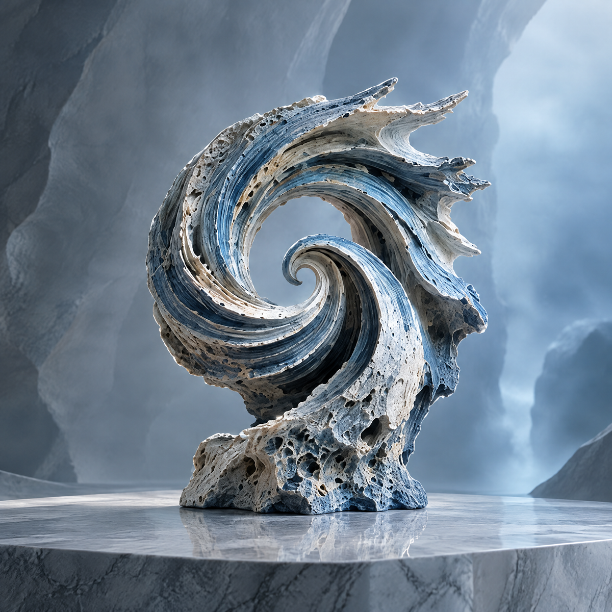 SOLVERNM® The Deep Otherworld spiral wave coral stone sculpture — full view on round grey marble pedestal in glacial canyon, spiral wave of layered ocean-blue and bone-white strata rising from porous coral reef base to jagged razor-sharp wave spray crown