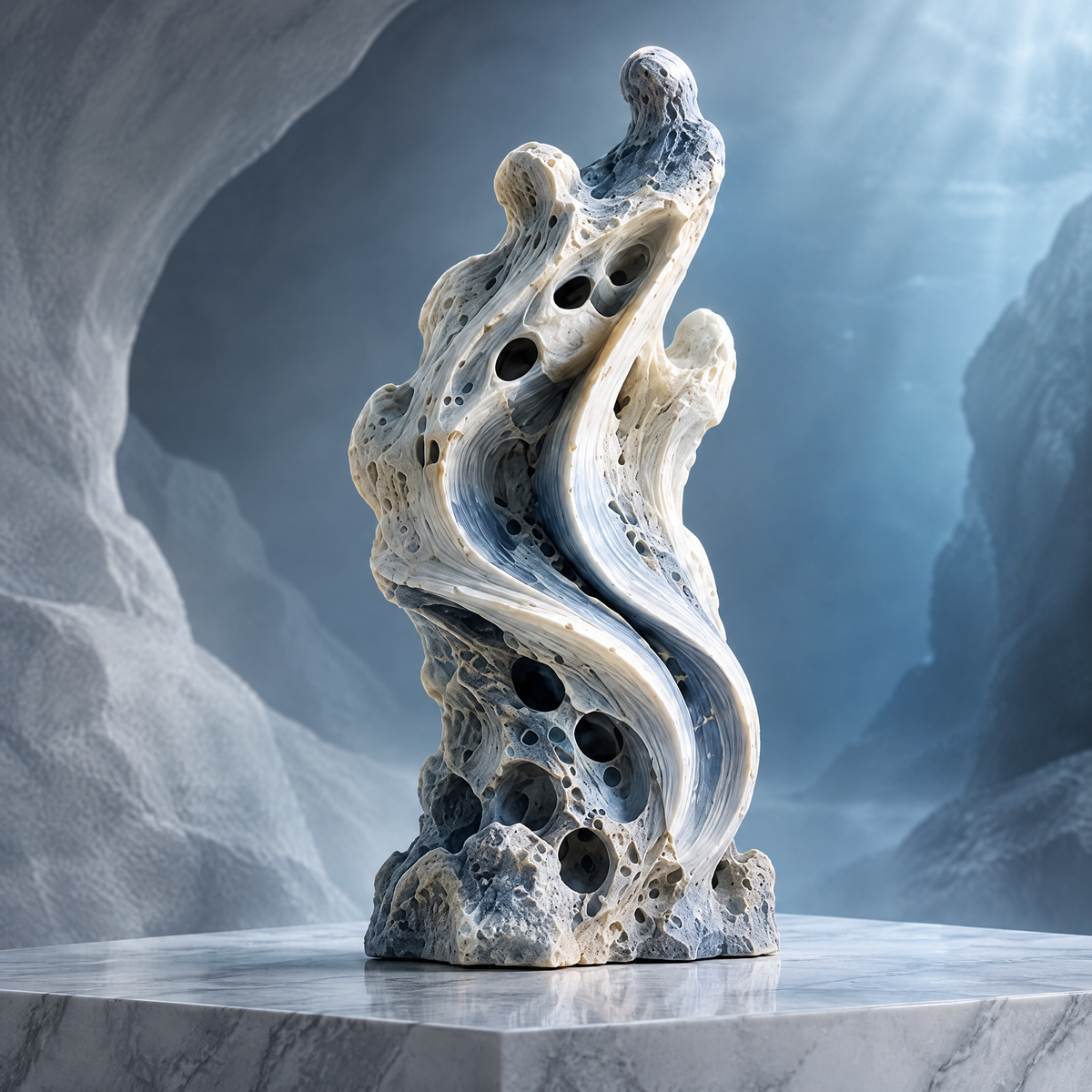 SOLVERNM® The Abyssal Realm ocean wave coral stone sculpture — full view on white marble surface in glacial cave, porous bone-white reef column with sweeping deep slate-blue wave ribbon flowing from base to crown