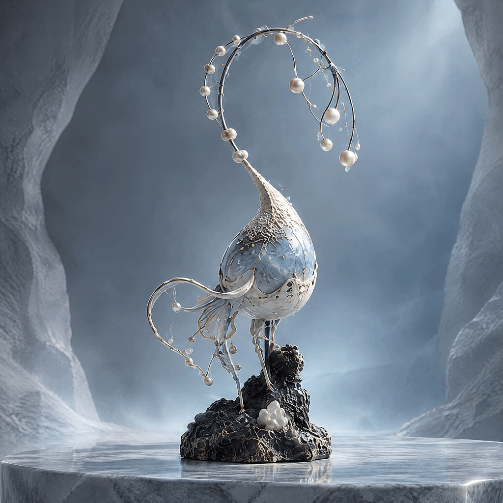 SOLVERNM® The Deep Sea Realm Pearl Blossom sculpture — full view on marble pedestal in glacial cave, S-curve form with pearl-strung tendril and ocean rock base