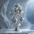 SOLVERNM® The Abyssal Realm coral orb chandelier tree sculpture — full view on white marble surface in glacial cave, silver needle arms suspending teal and bone-white coral orbs with crystal water-droplet pendants