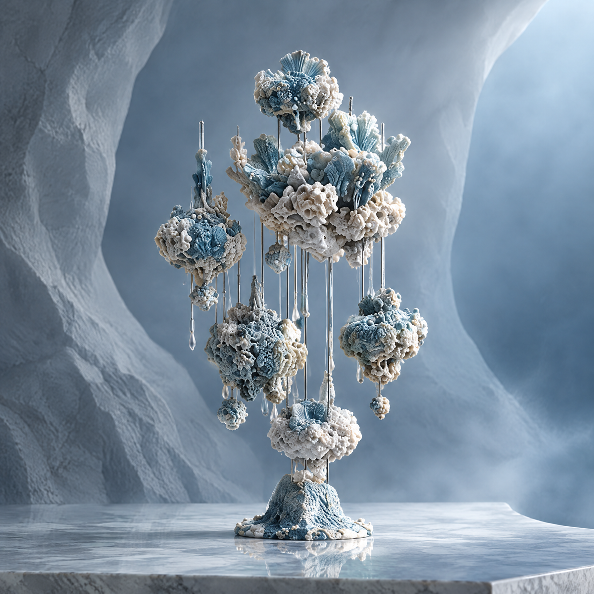 SOLVERNM® The Abyssal Realm coral orb chandelier tree sculpture — full view on white marble surface in glacial cave, silver needle arms suspending teal and bone-white coral orbs with crystal water-droplet pendants