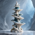 SOLVERNM® The Abyssal Realm tiered coral pagoda sculpture — full view on white marble pedestal in glacial cave, five spiraling tiers of ribbed fan coral discs in bone-white and ocean teal