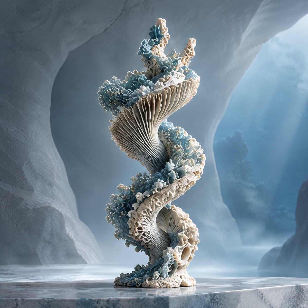 SOLVERNM® The Abyssal Realm spiral coral tower sculpture — full view on marble pedestal in glacial cave, double-helix of ribbed fan coral discs and teal branching coral clusters