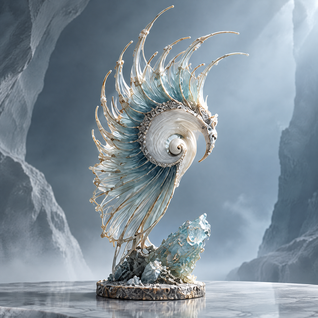 SOLVERNM® The Deep Sea Realm nautilus shell sculpture — full view on stone base in glacial cave, translucent resin fins with pearl and gold tendrils