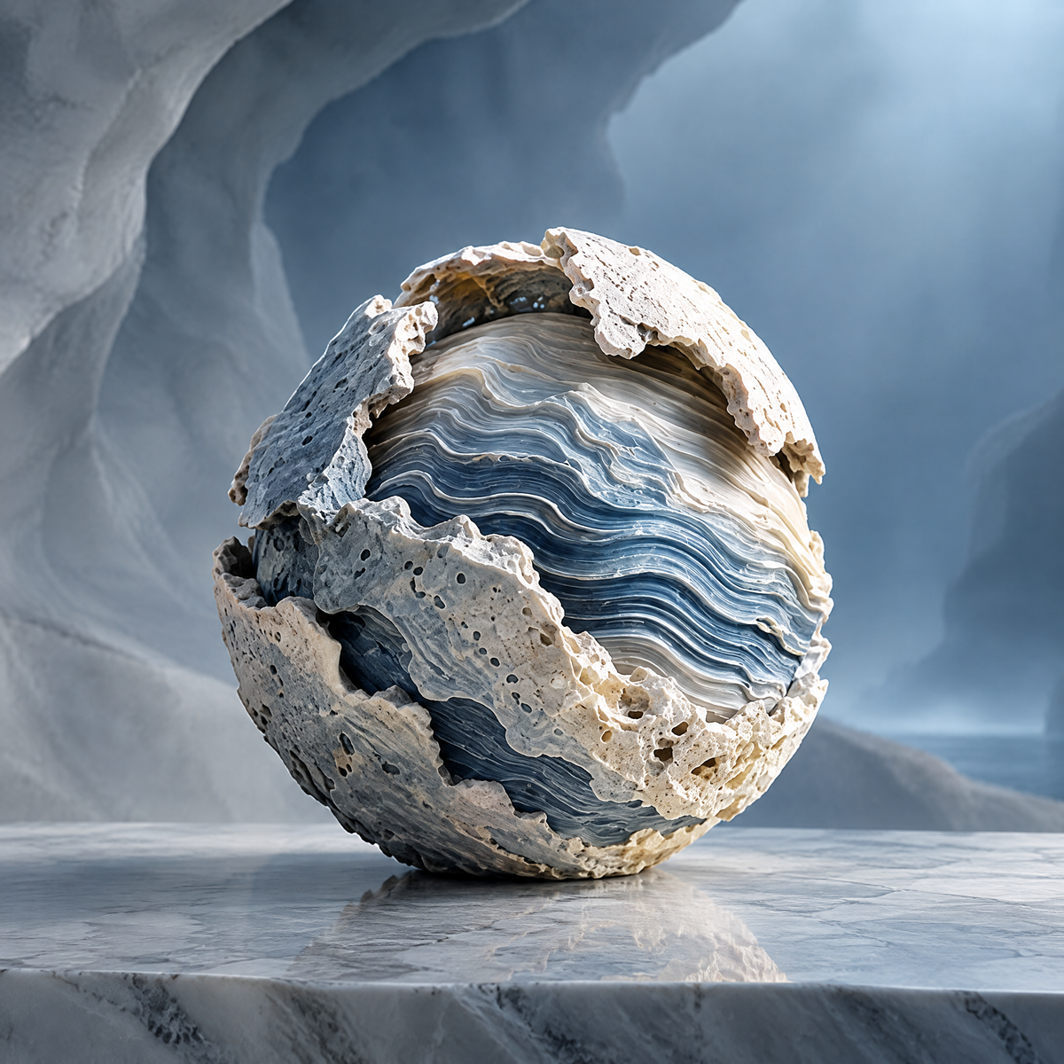 SOLVERNM® The Deep Sea Otherworld coral shell wave globe sculpture — full view on grey Carrara marble surface in glacial canyon mist, perfect sphere of bone-white porous coral reef shell cracked open to reveal deep ocean-blue and bone-white sinuous wave strata interior