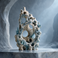 SOLVERNM® The Abyssal Realm porous coral stone sculpture — full view on marble pedestal in glacial cave, soaring tower of interconnected pores and crystal-glazed hollows with teal coral base