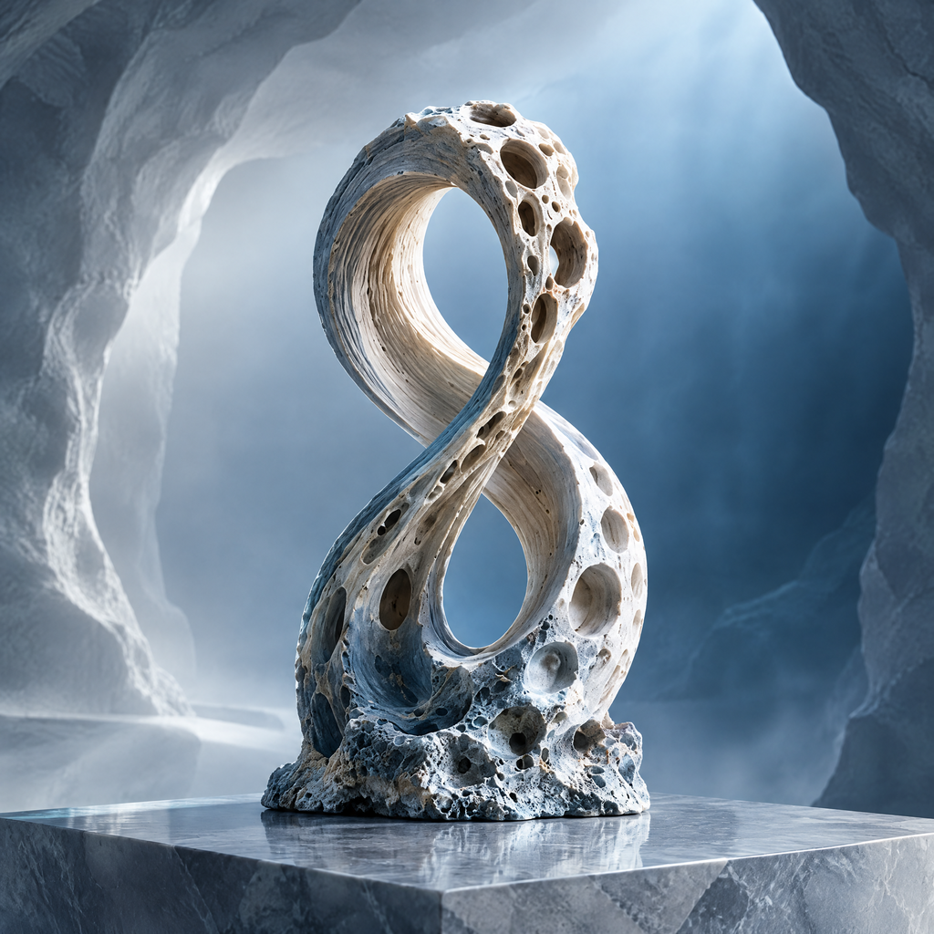 SOLVERNM® The Abyss Collection infinite loop coral stone sculpture — full view on grey marble cube pedestal in glacial canyon with blue light rays, continuous Möbius infinity loop of bone-white and slate-blue porous reef coral stone with open circular void colony rising from raw reef base