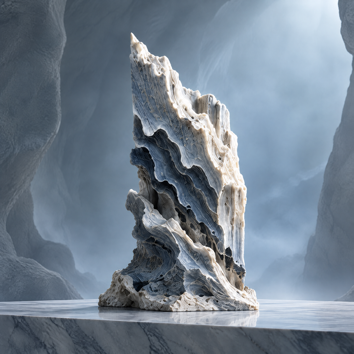 SOLVERNM® The Abyssal Realm layered reef stone monolith sculpture — full view on white Carrara marble surface in glacial canyon, soaring column of deep slate-blue and bone-white horizontal reef strata rising to razor-sharp apex