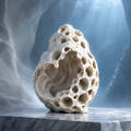SOLVERNM® The Abyssal Realm honeycomb void coral stone sculpture — full view on grey marble surface in glacial canyon with dramatic light rays, organic egg-form of bone-white reef stone with colony of deep cylindrical pore cavities and open interior spiral whorl