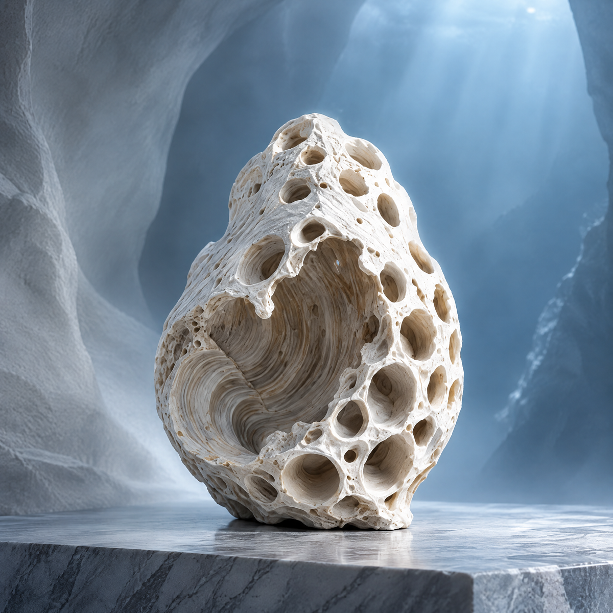 SOLVERNM® The Abyssal Realm honeycomb void coral stone sculpture — full view on grey marble surface in glacial canyon with dramatic light rays, organic egg-form of bone-white reef stone with colony of deep cylindrical pore cavities and open interior spiral whorl