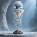 SOLVERNM® The Deep Sea Realm jellyfish sculpture — full view on marble pedestal, translucent glass bell with pearl and crystal bead tendrils