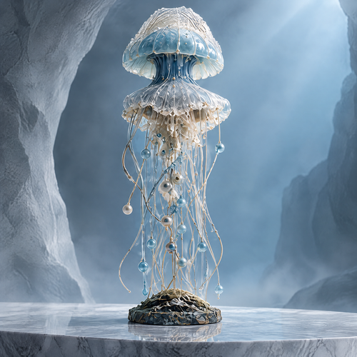 SOLVERNM® The Deep Sea Realm jellyfish sculpture — full view on marble pedestal, translucent glass bell with pearl and crystal bead tendrils
