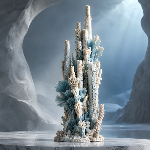 SOLVERNM® The Abyss Awakens coral tower sculpture — full view on marble pedestal in glacial cave, soaring tube coral spires with ocean teal fan coral and lace resin filigree