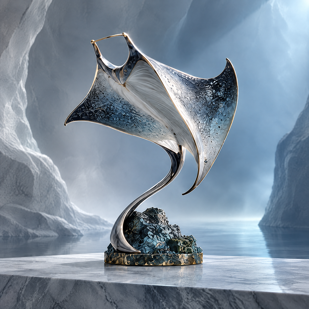 SOLVERNM® The Mysterious Depths manta ray sculpture — full view on marble pedestal in glacial cave, crystal resin body with gold metal trim