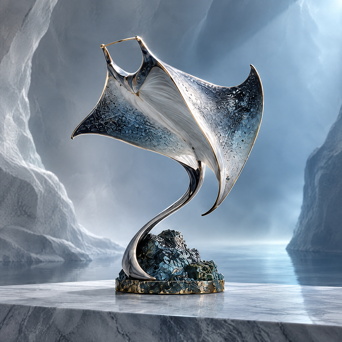 SOLVERNM® The Mysterious Depths manta ray sculpture — full view on marble pedestal in glacial cave, crystal resin body with gold metal trim