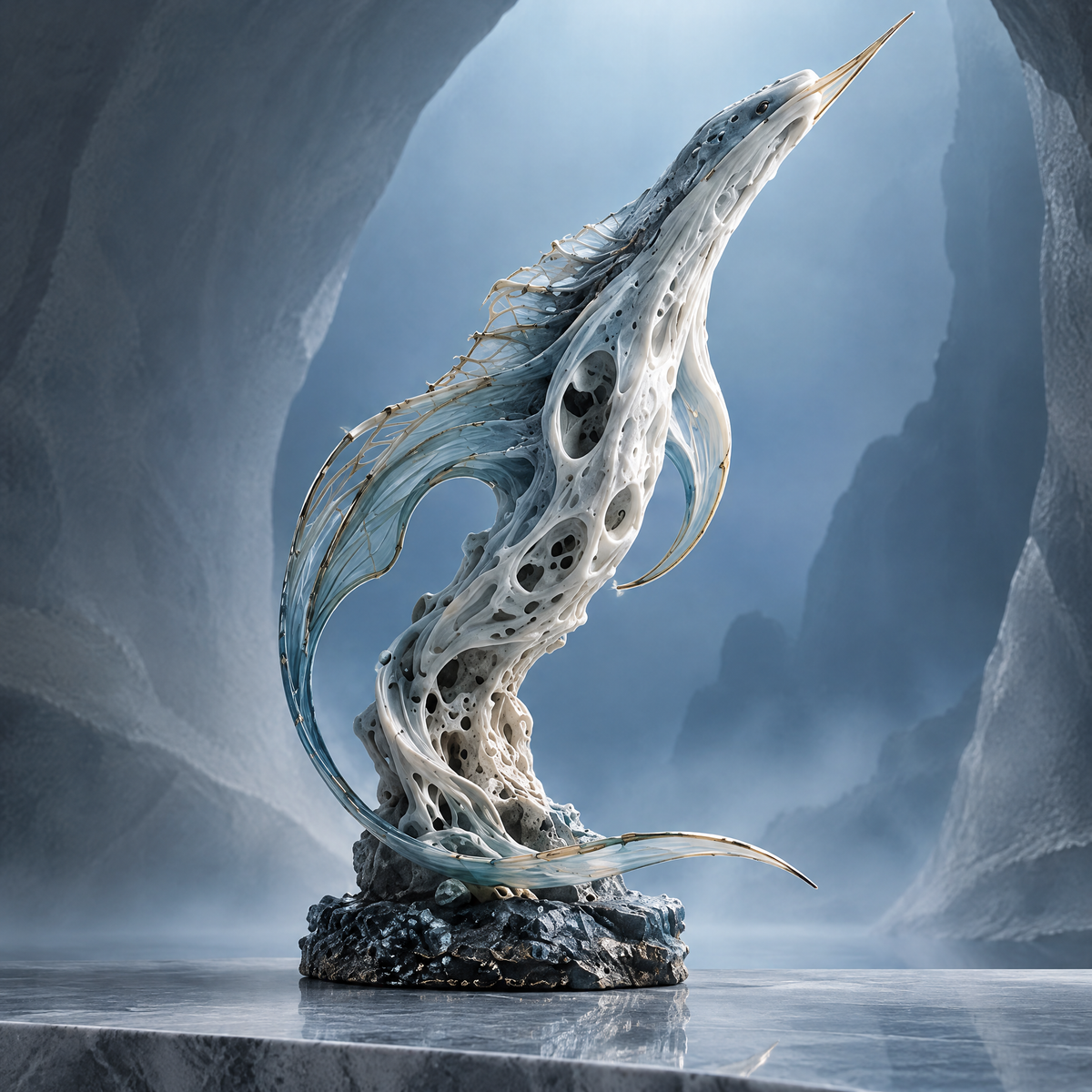 SOLVERNM® Abyssal Realm swordfish sculpture — full view on marble pedestal in glacial cave, translucent resin body with gold spike and ocean rock base