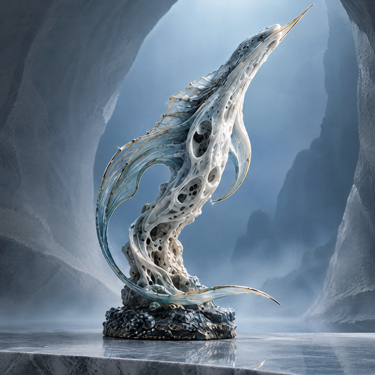 SOLVERNM® Abyssal Realm swordfish sculpture — full view on marble pedestal in glacial cave, translucent resin body with gold spike and ocean rock base