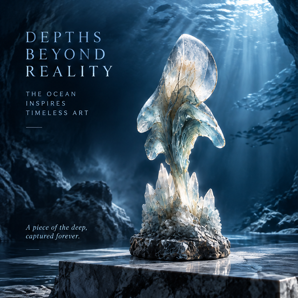 SOLVERNM® Depths Beyond Reality — ocean-inspired design born from the mystery of the deep sea: premium crystal glass handcrafted with exceptional clarity, natural stone base real texture untamed beauty, limited edition a rare treasure for refined spaces