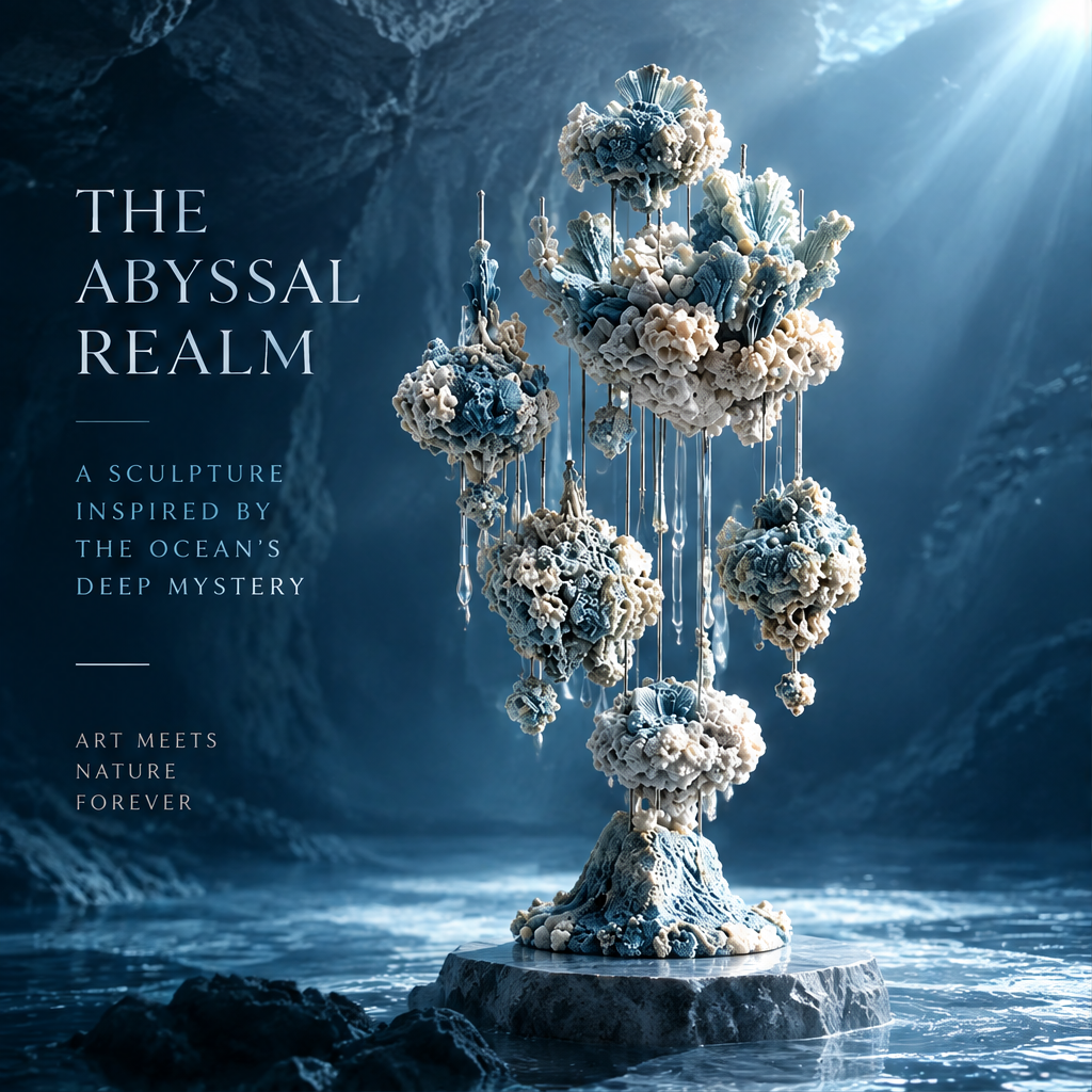 SOLVERNM® The Abyssal Realm — a sculpture inspired by the ocean's deep mystery: art meets nature forever, deep ocean cave setting with coral orb chandelier tree on rock pedestal with light rays