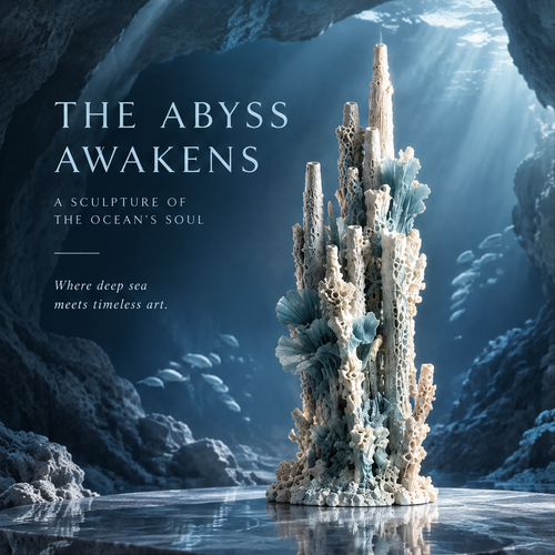 SOLVERNM® The Abyss Awakens — a sculpture of the ocean's soul: where deep sea meets timeless art, dramatic underwater cave setting