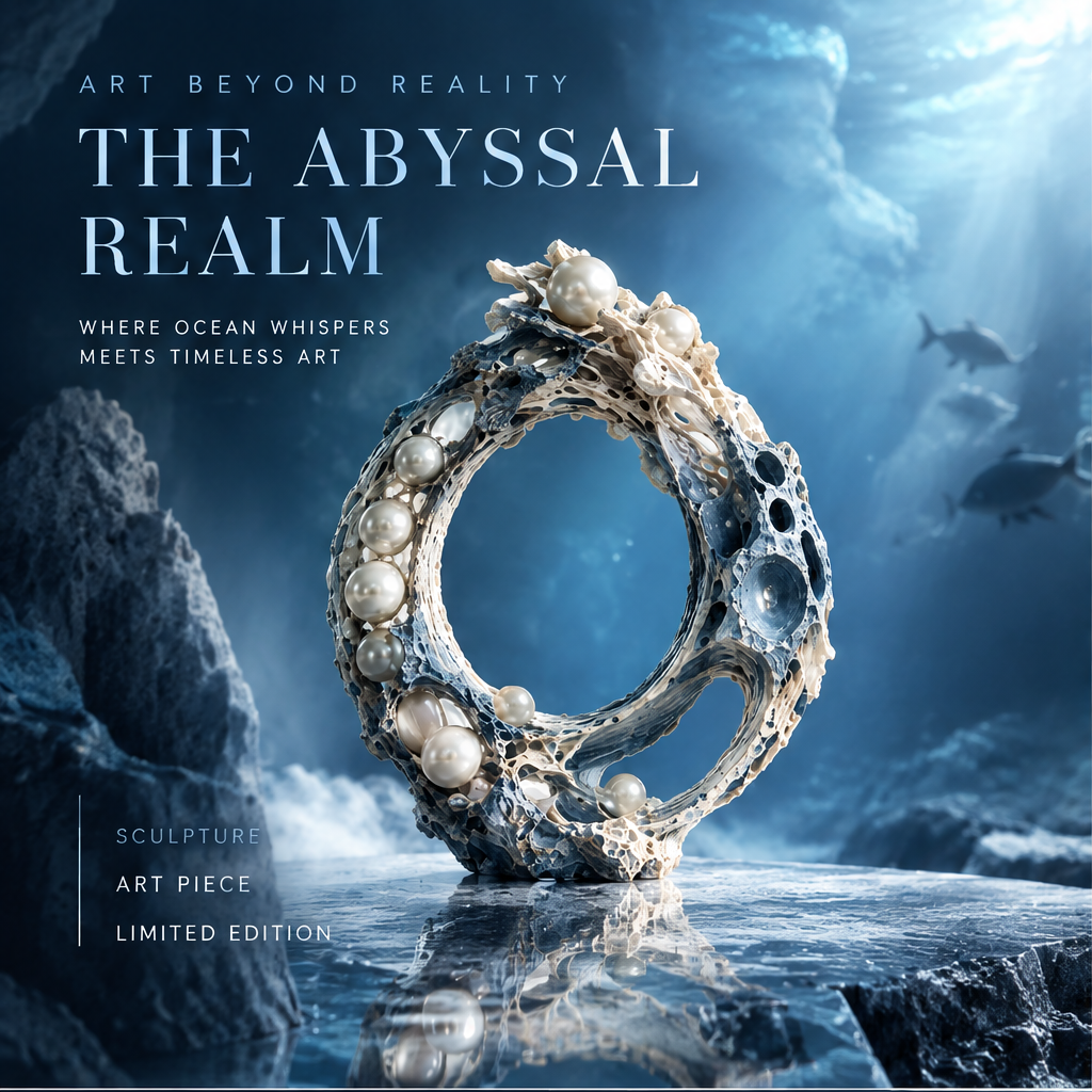 SOLVERNM® Art Beyond Reality — The Abyssal Realm: where ocean whispers meets timeless art; sculpture, art piece, limited edition; pearl coral ring on wet ocean rock with deep sea backdrop and shark silhouettes