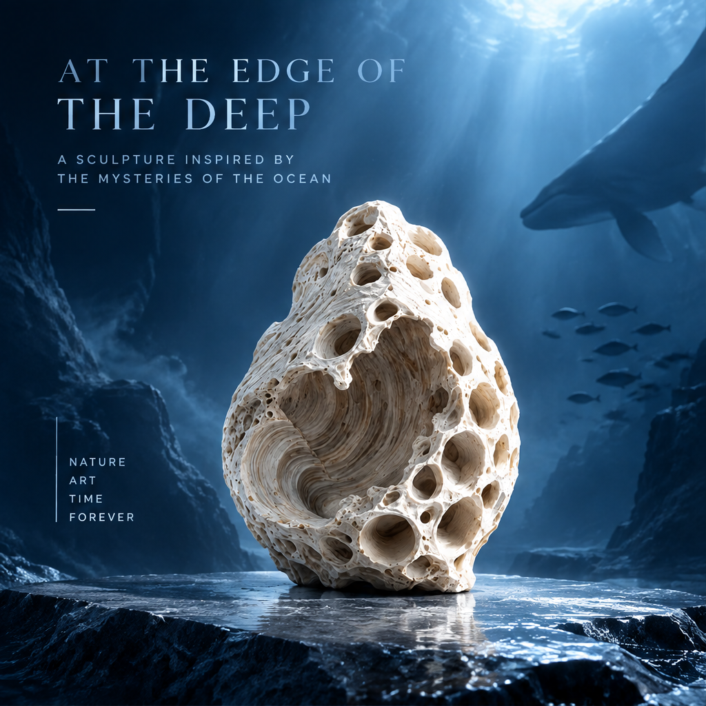 SOLVERNM® At the Edge of the Deep — a sculpture inspired by the mysteries of the ocean; nature, art, time, forever; honeycomb void coral stone on dark reef rock in deep ocean scene with whale silhouette and fish school and dramatic blue light rays