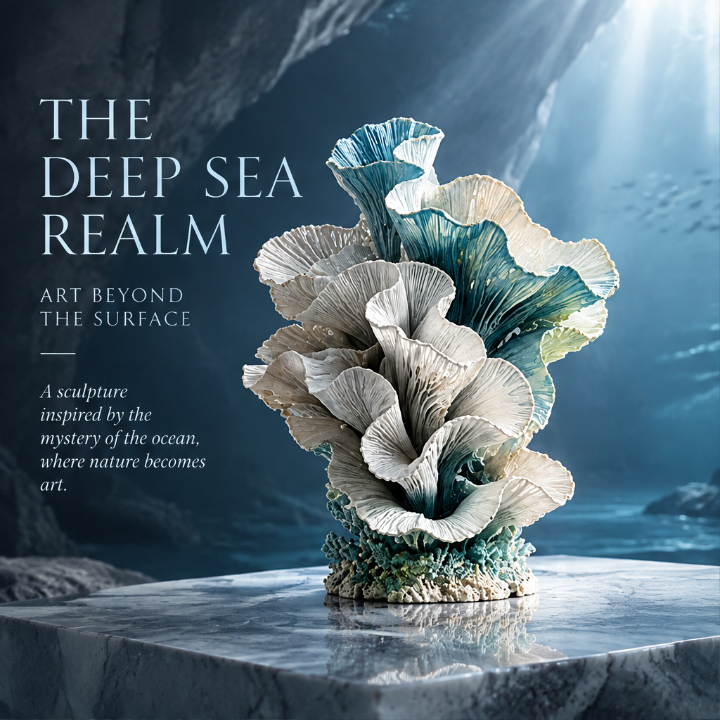 SOLVERNM® The Deep Sea Realm — Art Beyond the Surface: a sculpture inspired by the mystery of the ocean, where nature becomes art, underwater cave setting with dramatic light rays
