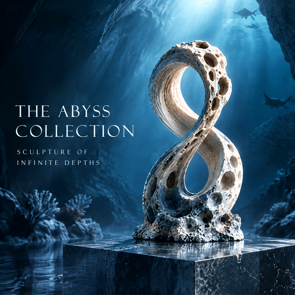 SOLVERNM® The Abyss Collection — sculpture of infinite depths; infinite loop coral stone sculpture on dark blue-grey marble cube in deep ocean cave with shark silhouettes above and coral reef formations below and dramatic blue light rays