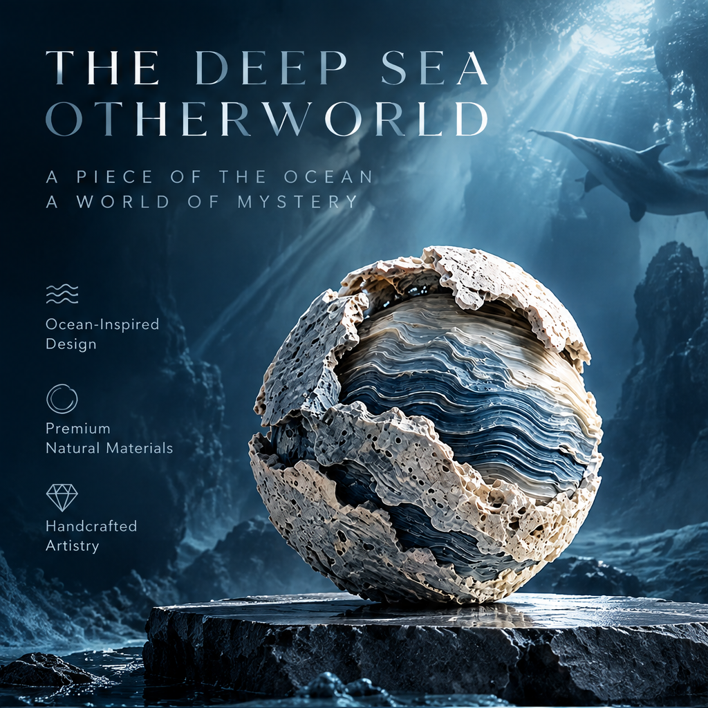 SOLVERNM® The Deep Sea Otherworld — a piece of the ocean a world of mystery; ocean-inspired design icon, premium natural materials icon, handcrafted artistry icon; coral shell wave globe on black rock platform with dramatic blue light rays and shark silhouettes in deep ocean cave