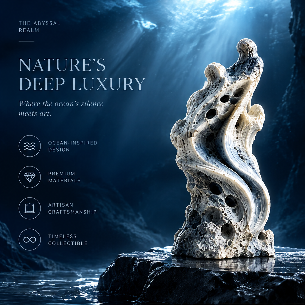 SOLVERNM® The Abyssal Realm — Nature's Deep Luxury: where the ocean's silence meets art; ocean-inspired design icon, premium materials icon, artisan craftsmanship icon, timeless collectible icon; underwater cave setting with dramatic light rays