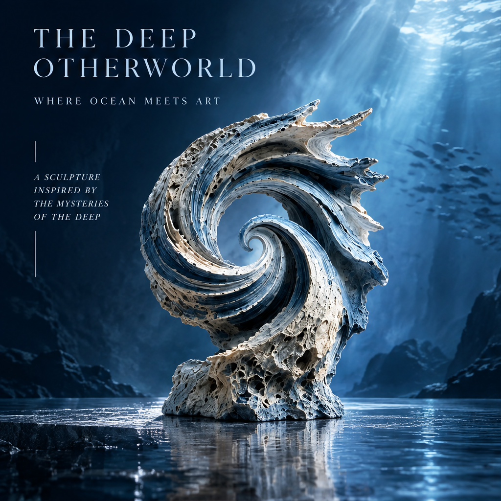 SOLVERNM® The Deep Otherworld — where ocean meets art: a sculpture inspired by the mysteries of the deep; spiral wave coral stone on open ocean floor with deep blue light rays and fish school in distance