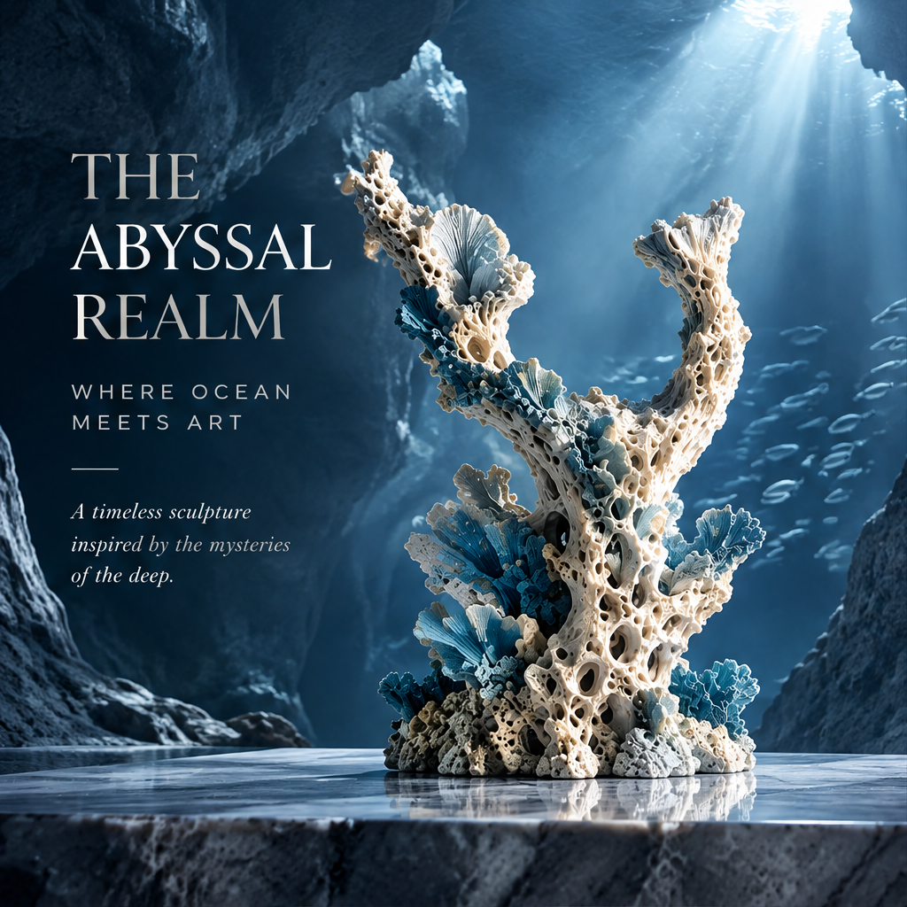 SOLVERNM® The Abyssal Realm — where ocean meets art: a timeless sculpture inspired by the mysteries of the deep, dramatic deep ocean cave setting with light rays and fish school