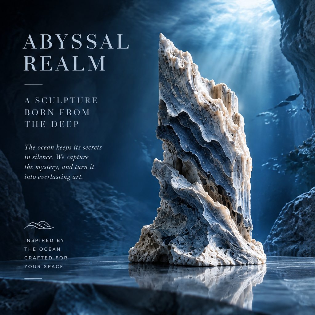 SOLVERNM® Abyssal Realm — a sculpture born from the deep: the ocean keeps its secrets in silence we capture the mystery and turn it into everlasting art; inspired by the ocean crafted for your space; monolith on dark reflective surface in deep ocean cave with light rays