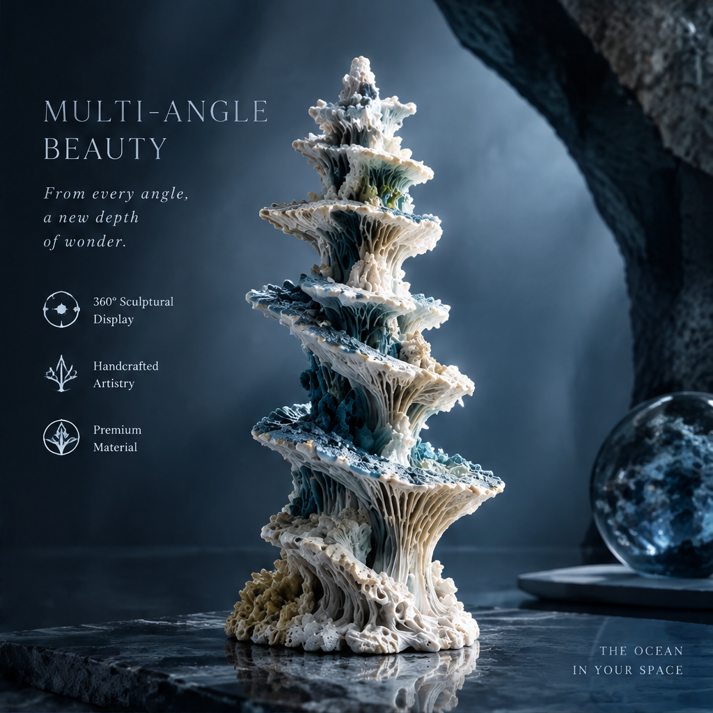 SOLVERNM® Multi-Angle Beauty — from every angle a new depth of wonder; 360° sculptural display, handcrafted artistry, premium material icons; the ocean in your space; side view on dark reflective surface with crystal sphere accent