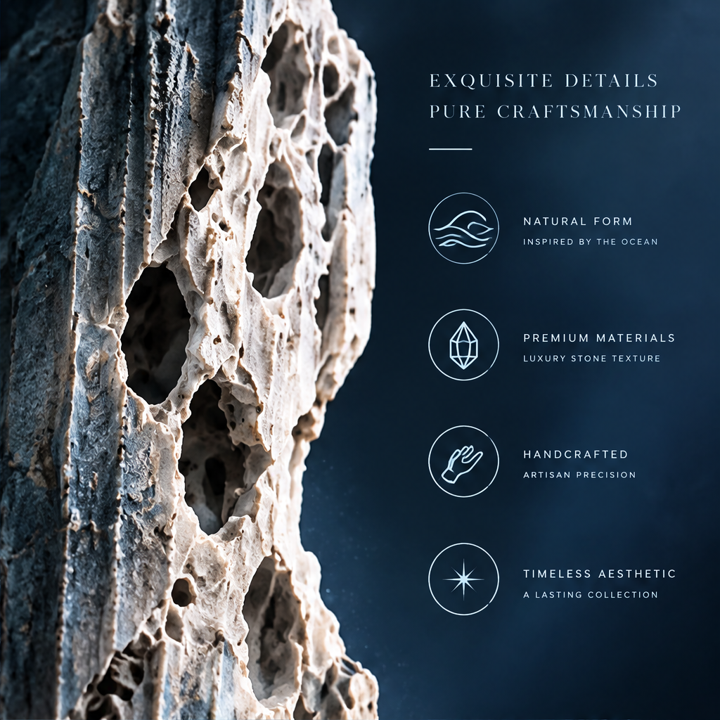 SOLVERNM® Multi-Angle Showcase — infinite beauty in every perspective; void column reef stone sculpture four views: front, side, back, top on dark slate cube in deep ocean cave setting