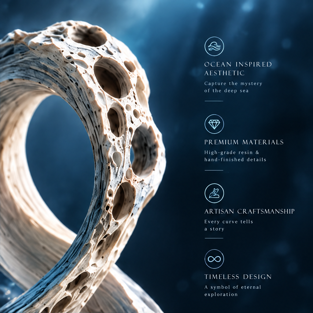 SOLVERNM® The Abyss Collection — ocean inspired aesthetic capture the mystery of the deep sea icon, premium materials high-grade resin hand-finished details icon, artisan craftsmanship every curve tells a story icon, timeless design a symbol of eternal exploration icon; extreme close-up macro of Möbius infinity loop coral stone showing open circular void cavities and smooth interior loop curve cross-section against deep blue ocean background