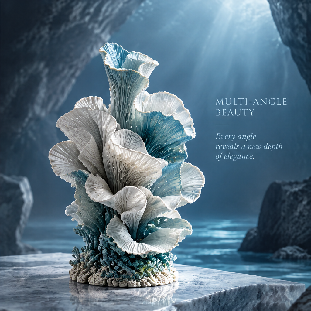 SOLVERNM® Multi-Angle Beauty — every angle reveals a new depth of elegance, fan coral sculpture side view on marble surface in ocean cave