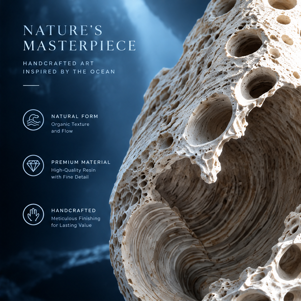 SOLVERNM® Nature's Masterpiece — handcrafted art inspired by the ocean; natural form organic texture and flow icon, premium material high-quality resin with fine detail icon, handcrafted meticulous finishing for lasting value icon; extreme close-up macro of honeycomb void coral stone showing deep cylindrical pore cavities and interior spiral whorl layered texture