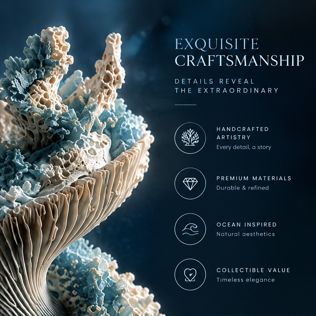 SOLVERNM® Exquisite Craftsmanship details reveal the extraordinary — handcrafted artistry every detail a story; premium materials durable and refined; ocean inspired natural aesthetics; collectible value timeless elegance; macro close-up of spiral coral detail
