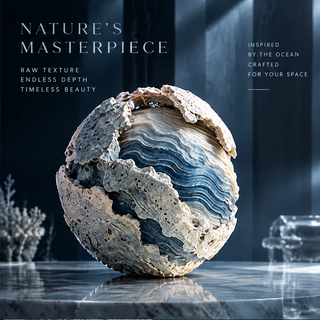 SOLVERNM® Nature's Masterpiece — raw texture, endless depth, timeless beauty; inspired by the ocean crafted for your space; coral shell wave globe on large dark grey marble floor in deep navy room with vertical light shafts, white coral branch and glass art object accent