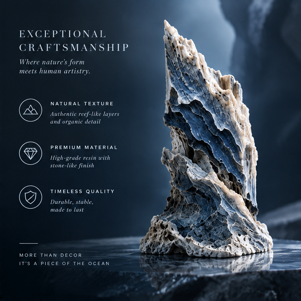 SOLVERNM® Exceptional Craftsmanship — where nature's form meets human artistry; natural texture authentic reef-like layers and organic detail icon, premium material high-grade resin with stone-like finish icon, timeless quality durable stable made to last icon; more than decor it's a piece of the ocean; layered reef monolith on dark surface in ocean cave